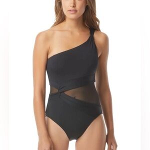 New NWT Michael Kors Black One Shoulder Mesh Panel One Piece Swimsuit Swim Suit